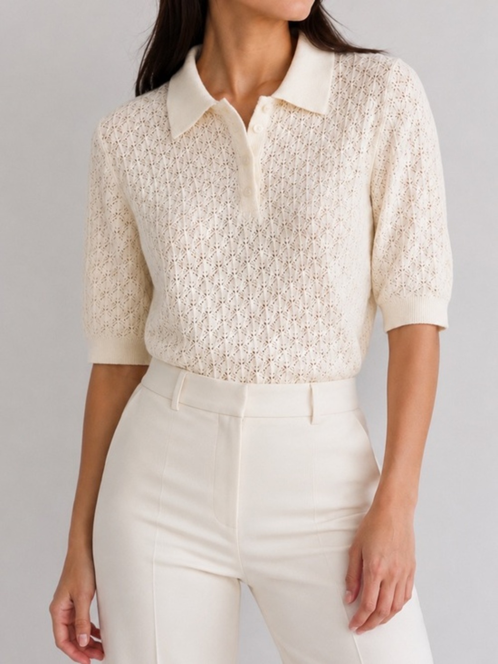 J. Peterman Ivory Pointelle Knit Polo Sheer Lace Preppy Short Sleeve Sweater